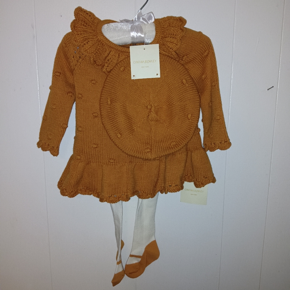 NWT Cynthia Rowley 3-Piece Mustard Yellow Baby Girls Sweater Dress Outfit 3-6M